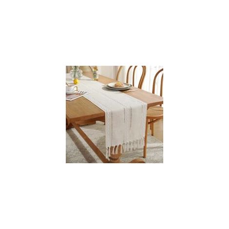 Chemin de table bohème avec pompons - Style rustique - Décoration de table de cuisine - Vacances - Mariage - Décoration de salle à manger ou d'anniversaire - 33 x 143 cm - Crème (1/5)