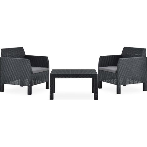 Salon de jardin 3 pcs avec coussins PP Rotin Anthracite