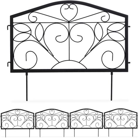 Lot de 4 bordures potager en fer noir design antique délimitation jardin extérieure 47 x 225 x 1,5 cm en fer noir (1/5)