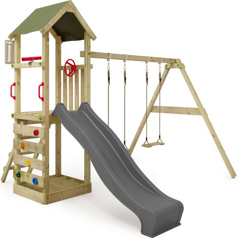 FATMOOSE Spielturm Klettergerüst KiwiKey mit Schaukel & Rutsche, Kletterturm mit Sandkasten, Leiter & Spiel-Zubehör - Anthrazit (1/5)