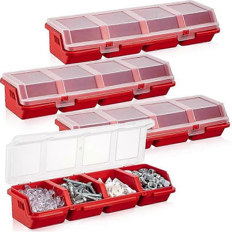 Nouveaux modèles 2024 : 4 boîtes de rangement pour vis et boulons avec serrures, en plastique rouge. (1/5)