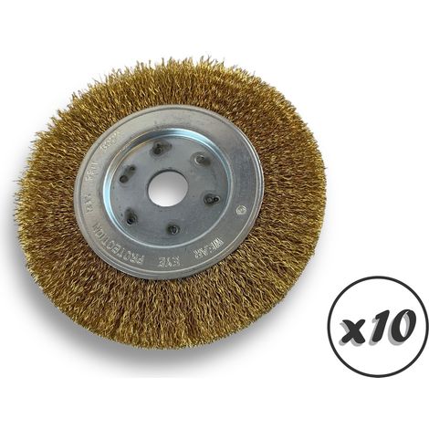 Lot de 10 brosses circulaires LAITON Ø 150 mm Epaisseur 1 rang Fil dur 0.30 mm ondulé Alésage 20 mm + réducteur bague 16/12 mm Touret meuleuse affûteuse ponceuse Kibros 215151LTx10