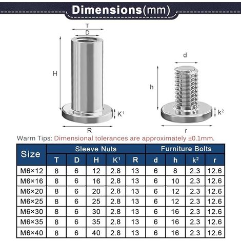 Lot de 10 vis de connexion M6 x 25 mm en acier inoxydable A2 V2A, connecteur d'armoire M6, pour meubles, armoires, planches en bois (10 vis de meubles, 10 écrous douilles) (1/4)