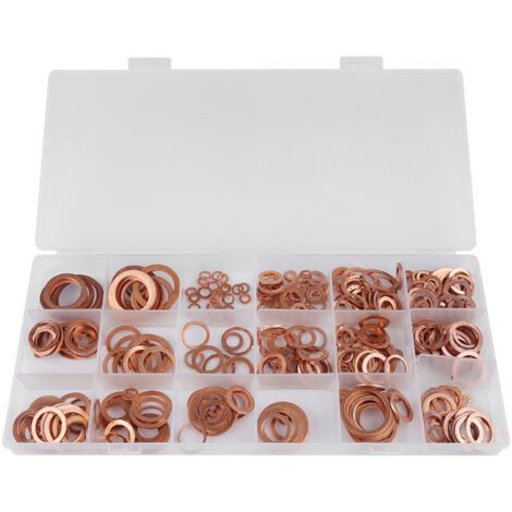 Assortiment de 395 rondelles plates en cuivre massif pour bouchons de vidange, 18 tailles, avec boîte. (1/5)