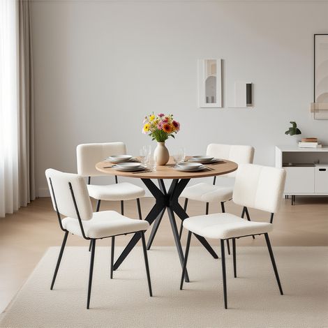 MEUBLES COSY Ensemble de salle à manger 5 pièces : table ronde avec pieds croisés en métal et 4 chaises en microfibre blanche. (1/5)