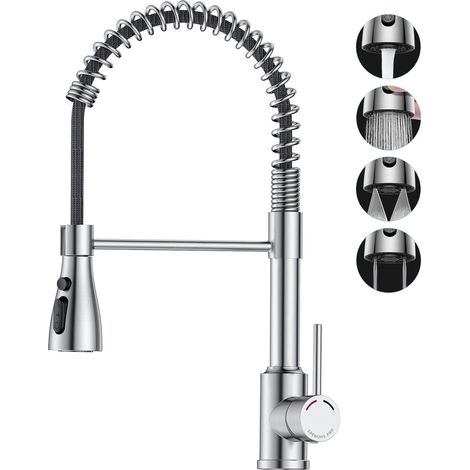 Mitigeur de cuisine avec pulvérisateur extractible, robinet commercial à ressort haut arc, robinet d'évier en acier inoxydable, pivotant à 360°, levier unique, 4 modes de pulvérisation (1/5)