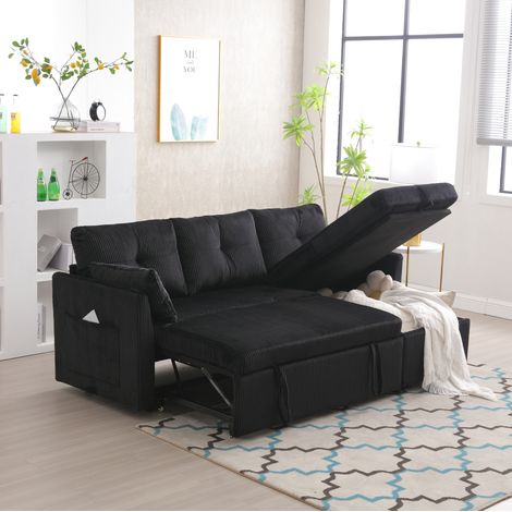 Canapé d’angle convertible modulaire avec rangement 206x108x66 cm en velours côtelé noir REDOM (1/5)