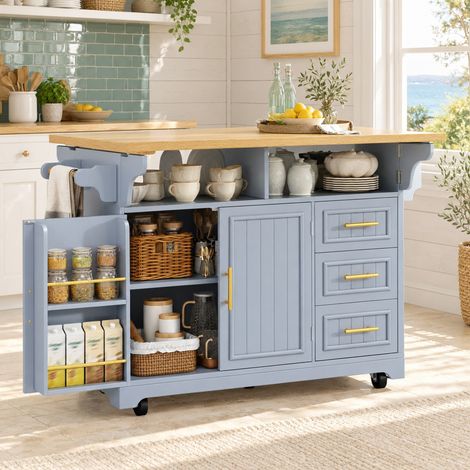 Isla de cocina móvil con alas abatibles, 120 x 40 x 95 cm, MDF azul grisáceo (1/5)