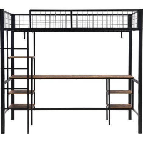 Lit mezzanine en métal et panneaux de particules avec bureau et étagères 90x200 cm noir (1/5)