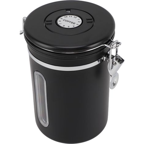Boîte à café de 1800 ml, en acier inoxydable 304, avec fenêtre de visualisation, ventilation unidirectionnelle, cuillère incluse, récipient hermétique pour les grains de café, noir mat (1/5)