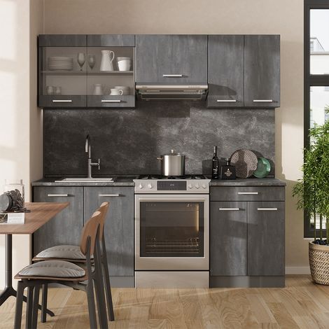 Mobile da cucina R-Line, Calce nera/antracite, 200 cm PL Rovere, Vicco