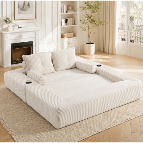 Canapé-lit pliant 180x98x80 cm beige en velours côtelé avec mousse haute densité, ressorts, poches latérales et porte-gobelet (1/5)