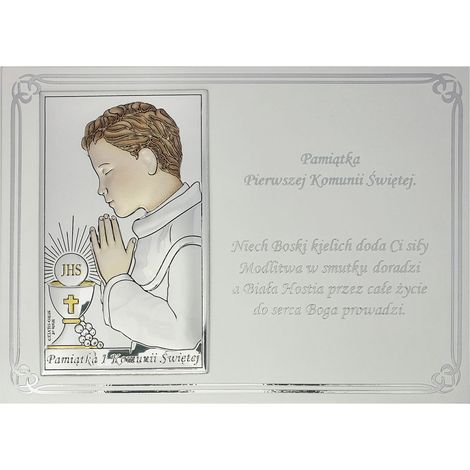 Quadro per la Prima Comunione, argento con incisione, ricordo della prima comunione per un bambino, a colori Dimensioni: 13x18 cm Codice articolo: VL832/4COL/S