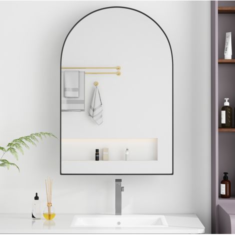 Armoire de toilette en métal noir avec miroir, arche murale ou encastrable, 2 étagères en verre (1/5)