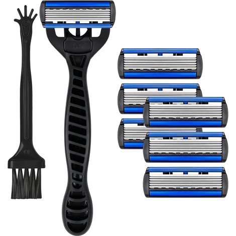 Men's Manual Shaver with 6 Blades, Complete Shaving Kit with 1 Non-Slip TPE Sleeves+6 Replacement Heads+1 Cleaning Brushes, Face and Body Shaver for a Soft and Accurate Shave, Ideal for Travel (1/5)