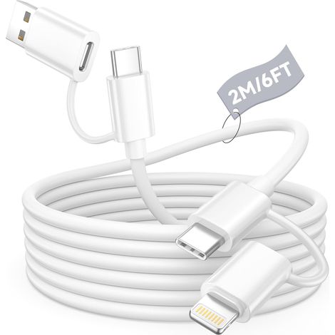 Cable iPhone Charge Rapide 2M, 4-en-1 Câble Multi USB avec Câble Lightning/Cable USB C, câble USBC usb Cordon Telephone Portable Fil Chargeur pour Apple iPhone 17/16/15/14/13/12/X,iPad,Samsung,AirPods (1/5)