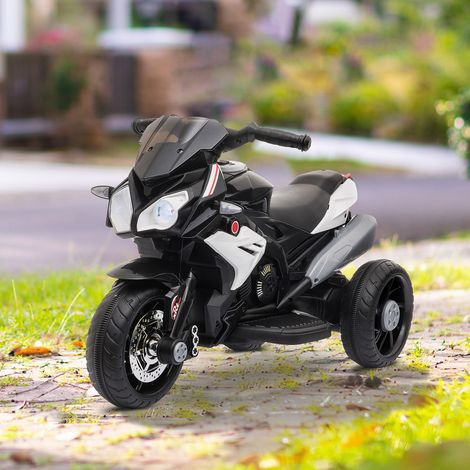 Moto électrique pour enfants HOMCOM à 3 roues, tricycle pour enfants de 3 ans et plus, avec batterie rechargeable 6V, fonctions musicales, klaxon, phares, 86 x 42 x 52 cm, noir et blanc