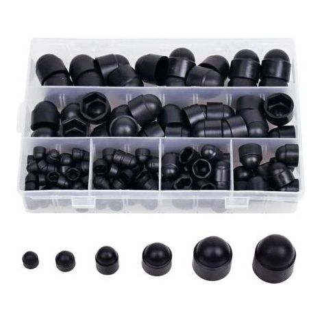 Coffret de rangement de 145 pièces comprenant des cache-écrous hexagonaux en caoutchouc, des capuchons de vis et des écrous en plastique noirs (M4, M5, M6, M8, M10, M12).