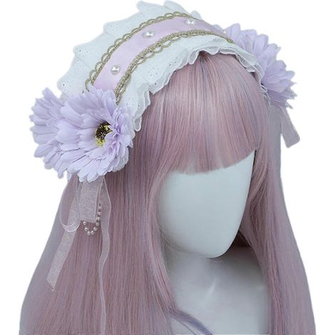 Diadème Sweet Hair pour femmes, bandeau pour se laver le visage, dentelle plissée élégante, bandeau en forme de fleur, style Lolita, violet (1/4)