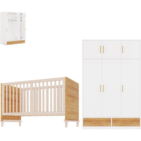 Armoire 3 portes + lit bébé, mobilier de chambre d'enfant, ensemble de meubles pour chambre à coucher, armoire indépendante avec placard supérieur (120 x 50 x 180 cm), lit bébé (70 x 140 x 87 cm), boi (1/4)