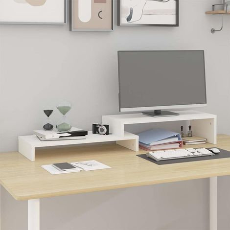 Support écran réglable Blanc en bois de pin massif 52–101 x 22 x 14 cm - PANGIVO (1/5)