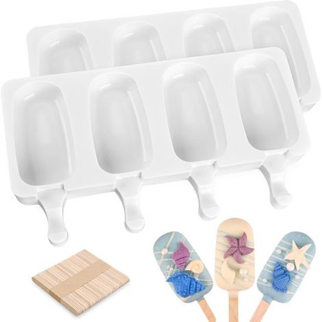 Lot de 2 moules à glaçons en silicone - Petit moule à glaçons - Moules à glace - Moule en silicone - Bac à glaçons - Comprend 100 bâtonnets en bois - Convient pour les glaces et les cupcakes - Silicon (1/5)