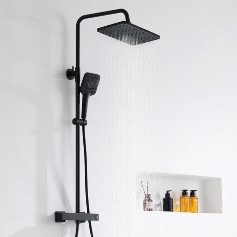 AURALUM MAX Système de douche avec thermostat 38 °C, robinet de douche, douche à effet pluie, ensemble de douche, douchette à main avec 3 modes, barre de douche réglable en hauteur, noir
