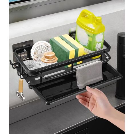 Wall Mounted Kitchen Sink Rack, Wall Mounted Kitchen Drainer, Hanging Sink Organizer with Drain Pan, 2 Hooks