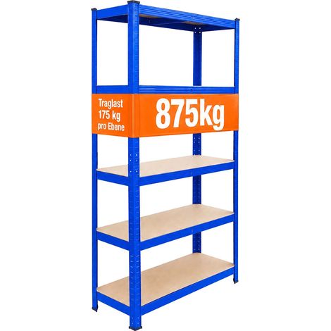 Relaxdays Schwerlastregal, HxBxT: 180 x 75 x 30 cm, 875 kg, 5 Ebenen, Lagerregal Keller, zum Stecken, blau/braun (1/5)