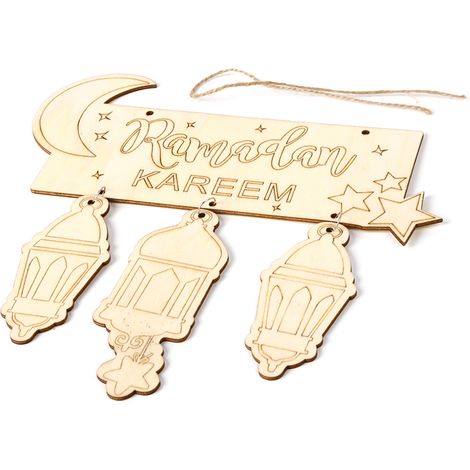 Pendentif suspendu en bois Eid Mubarak, motif croissant du Ramadan, ornement artisanal avec corde, décoration de Festival (1/5)