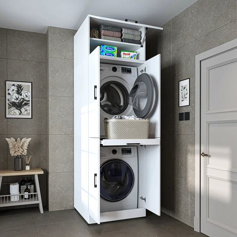 Dora Washer and Dryer Stacker Cabinet with Double Doors, Pull-Out Basket Shelf and Overhead Storage, White (1/5)