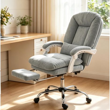 Silla de oficina ergonómica de terciopelo gris con reposapiés y altura regulable (1/5)