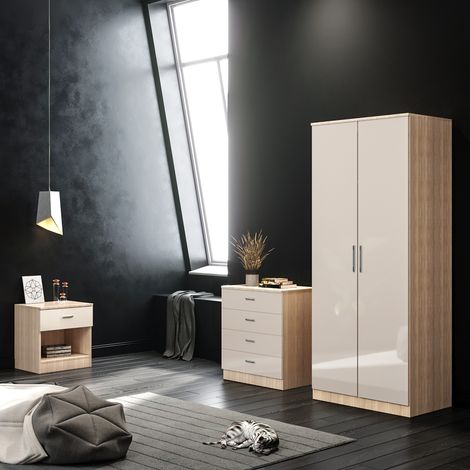 ELEGANT Cream/Oak 3 Piece Bedroom Wardrobe Furniture Sets, 2 Door Soft Hinge Wardrobe, 4 Drawer Chest of Drawers, Beside Cabinet (1/5)