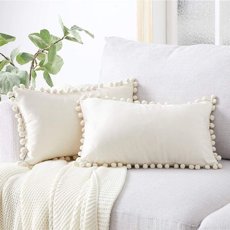 Fodera per cuscino 30x50 cm, colore bianco senape, stile scandinavo, set di 2 federe rettangolari in morbido velluto, double-face, in tinta unita, per cuscino di sedia da ufficio. (1/4)