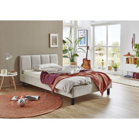Meise Möbel Polsterbett Joker 120x200 cm Bettgestell Kopfteil mit tiefem Einzug Strukturstoff Beige Holzfuß schwarz (1/5)