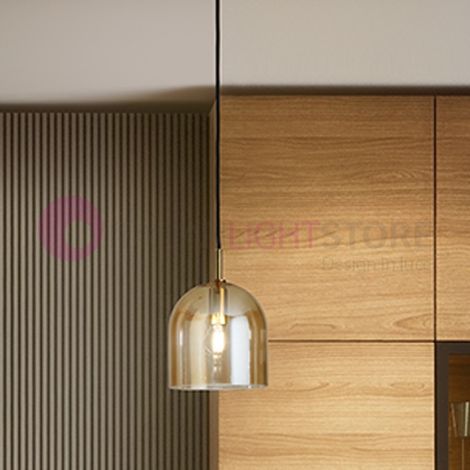Sospensione Contemporanea Coro Metallo Oro Spazzolato Vetro Ambra 1 Luce E14 (1/4)
