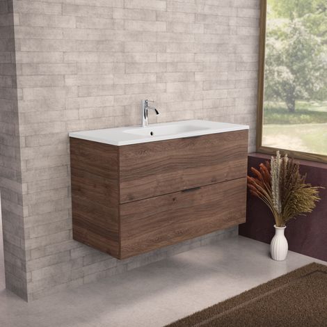 Inda - Meuble de salle de bain L.100 avec vasque mate / Chêne (1/5)