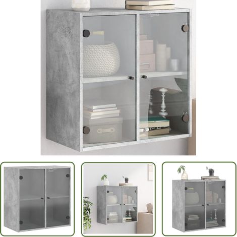 The Living Store Armoire murale avec portes en verre gris béton 68x37x68,5 cm - Meuble Mural - Armoire Murale - Rangement Mural - Étagère Murale - Meuble De Rangement (1/5)