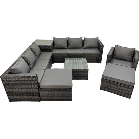 Fimous 9 Seater Garden Outdoor Rattan Furniture Set Patio Corner Sofa Coffee Table with Side Table 2 Big Stool Dark Grey (1/5)