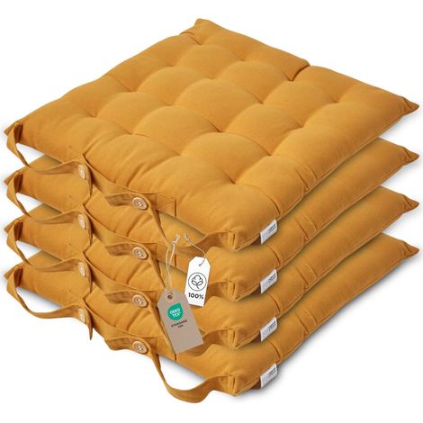 Galette de Chaise 40x40 cm, Lot de 4, Coussin de Chaise en Coton, Coloris Jaune Moutarde