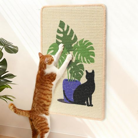 Tapis Griffoir pour Chat, 60 x 40 cm Tapis à Griffer en Sisal Naturel d'Intérieur, Grattoir Murial Horizontal, Tapis de Sol pour Chaton avec Bandes Adhésives, Protège-Meubles (Monstera) (1/5)