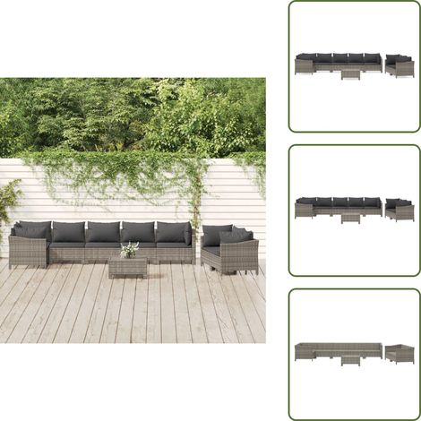 The Living Store Set Divani da Giardino 9 pz con Cuscini in Polyrattan Grigio - Divano in rattan