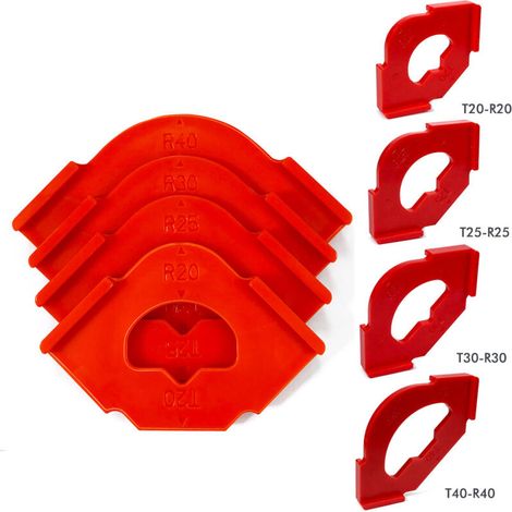Jeu de 4 Gabarits Rapides pour Arrondis et Anglaises de Défonceuse (R20T20/R25T25/R30T30/R40T40) (Rouge)