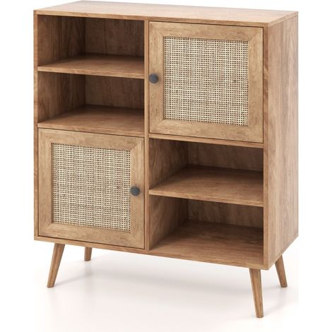 Credenza rattan 4 scomparti 2 porte decorate rattan armadietto buffet stile boho Naturale (1/4)