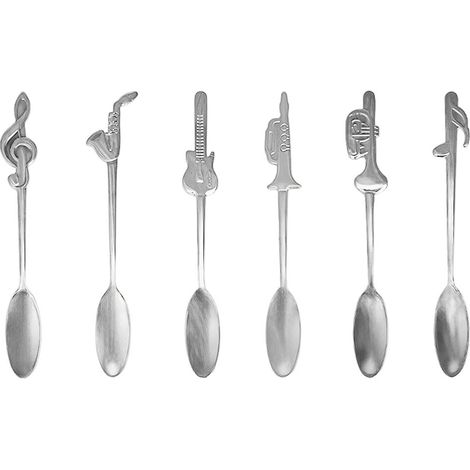 Lot de 6 Petites Cuillères à Café Musica en Métal Argenté pour Table - 12,5 x 1,5 x 1 cm - PANGIVO (1/3)