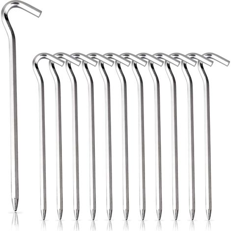 Lot de 12 Piquets de tente, Aluminium, Tige hexagonale 18cm, Crochet, Pour camping et auvents (1/5)