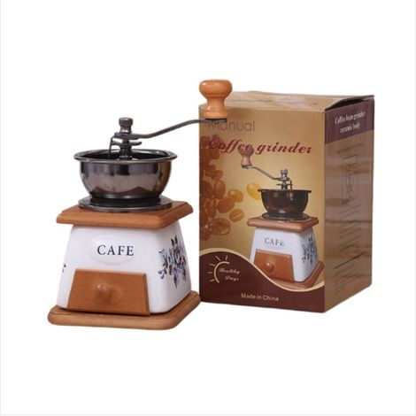Moulin à café manuel en pot céramique trapézoïdal blanc - moulin vintage à manivelle pour la maison, céramique+métal, compact 17.5cm x 8.8cm x 8cm (1/3)