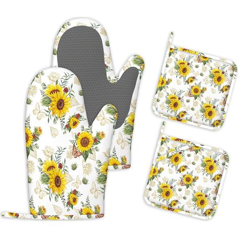 nsembles de 4 Gants de Cuisine et Maniques en Silicone Résistant à la Chaleur Motif Tournesol Gants de Cuisine Maniques pour la Cuisson Les Grillades et la Pâtisserie Décoration de Cuisine (1/5)