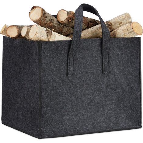 2x Kaminholzkorb aus Filz, 2 Griffe, zum Tragen, faltbar, belastbar, flexibel, Filzkorb, HBT: 35 x 43 x 37 cm, anthrazit
