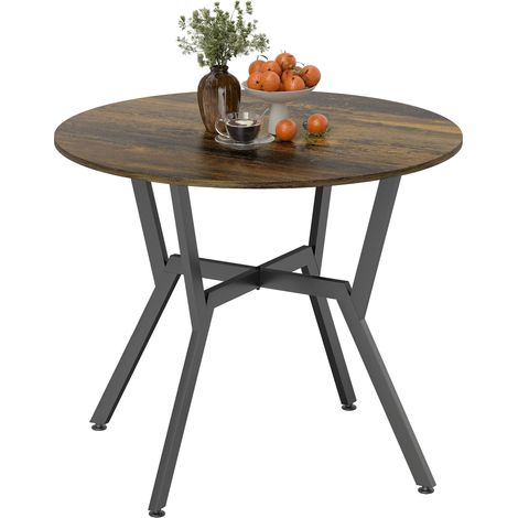 Round Rustic Brown Dining Table with Black Legs and Anti-Slip Foot Pads,Perfect for Living Room and Kitchen,90x76cm
